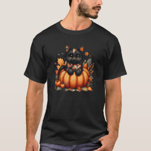 Schwarze Katze Herbst Kürbis Patchwork T-Shirt