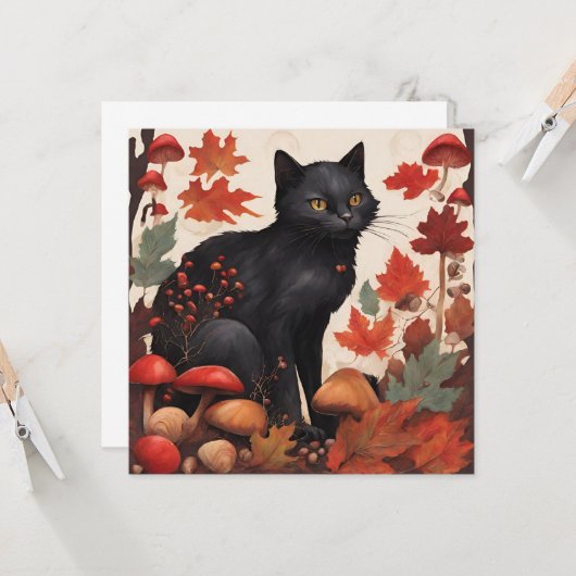 Schwarze Katze, Herbstwald und wilde Pilze Karte (Vorderseite/Rückseite Beispiel)