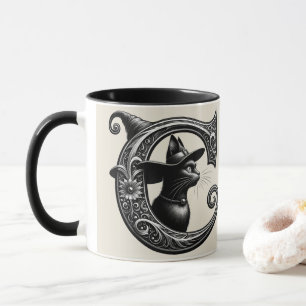 Schwarze Katze Hexe Hexerei Buchstabe C Benutzerde Tasse