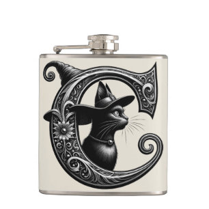 Schwarze Katze Hexe Witchy Buchstabe C Benutzerdef Flachmann