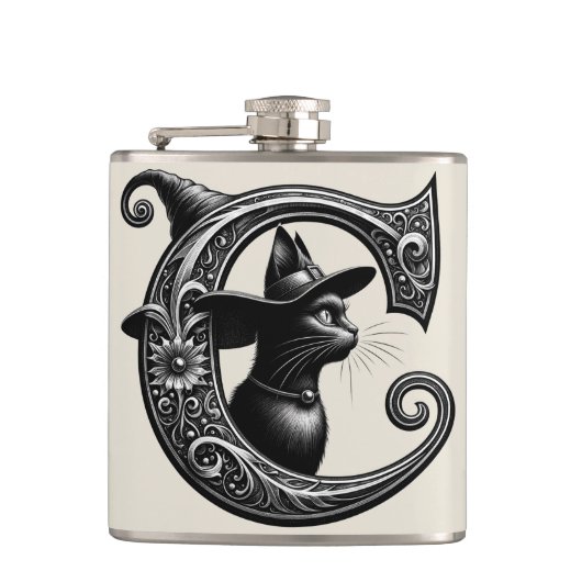 Schwarze Katze Hexe Witchy Buchstabe C Benutzerdef Flachmann (Vorderseite)