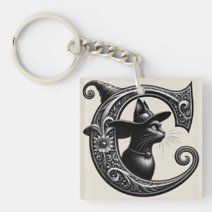 Schwarze Katze Hexe Witchy Buchstabe C Benutzerdef Schlüsselanhänger