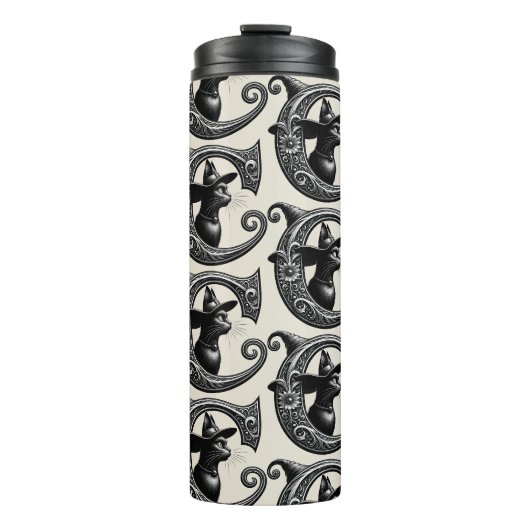 Schwarze Katze Hexe Witchy Buchstabe C Benutzerdef Thermosbecher (Vorderseite)
