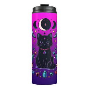 Schwarze Katze Himmelsmystik Lila Rosa Thermosbecher