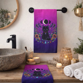 Schwarze Katze Himmelsmystik Violett Rosa Badhandtuch Set