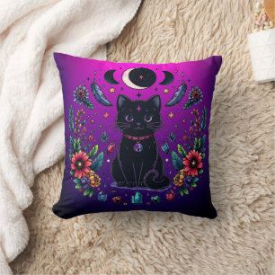 Schwarze Katze Himmelsmystik Violett Rosa Kissen