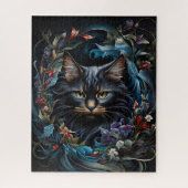Schwarze Katze hinter dem Wirbel aus Blume und Blä Puzzle (Vertikal)