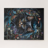 Schwarze Katze hinter dem Wirbel aus Blume und Blä Puzzle (Horizontal)