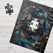 Schwarze Katze hinter dem Wirbel aus Blume und Blä Puzzle