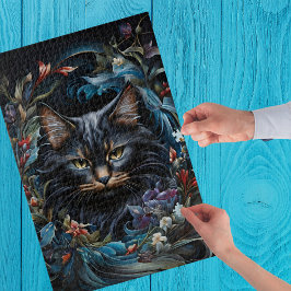Schwarze Katze hinter dem Wirbel aus Blume und Blä Puzzle