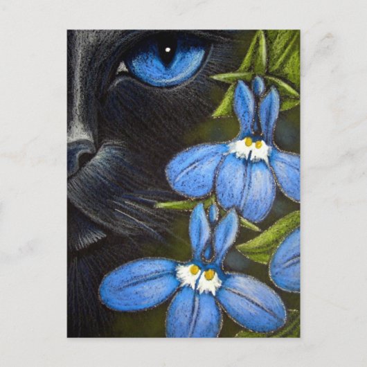 SCHWARZE KATZE HINTER DER LOBELIA-BLUME Postkarte (Vorderseite)
