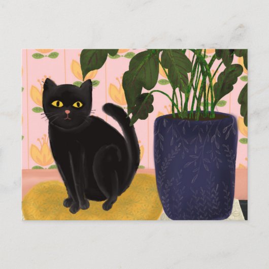 Schwarze Katze Hübsch in Rosa Postkarte (Vorderseite)
