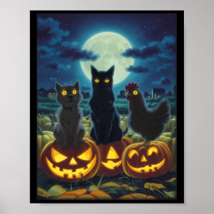 Schwarze Katze Hund Huhn Halloween Kürbis Gruselig Poster