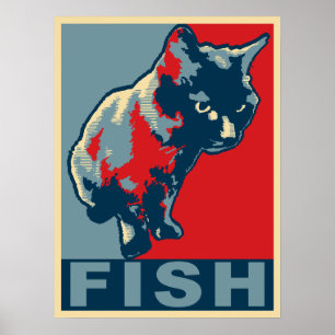 Schwarze Katze hungrig für Fische - Pop-Kunst-Rot Poster