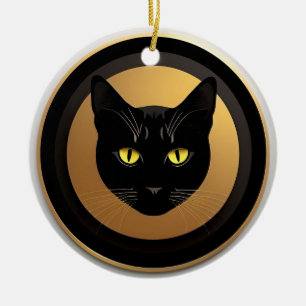 Schwarze Katze Illustration auf goldenem Kreis Keramik Ornament