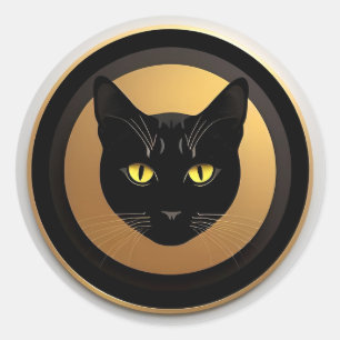 Schwarze Katze Illustration auf Goldenem Kreis Runder Aufkleber
