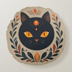 Schwarze Katze Illustration mit dynamischen Augen Rundes Kissen