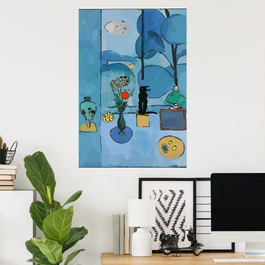 Schwarze Katze im blauen Raum Poster (Heimbüro)