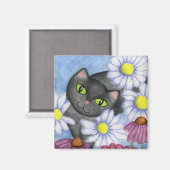 Schwarze Katze im Blume-Magnet Magnet (Vorderseite/Rückseite)