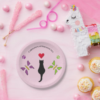 Schwarze Katze im Chic-Look & Schmetterlinge Rosa Pappteller