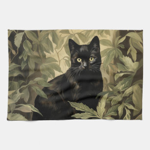 Schwarze Katze im dichten Wald Geschirrtuch