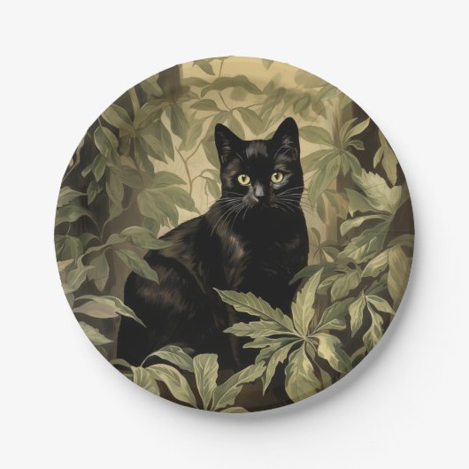 Schwarze Katze im dichten Wald Pappteller (Vorderseite)