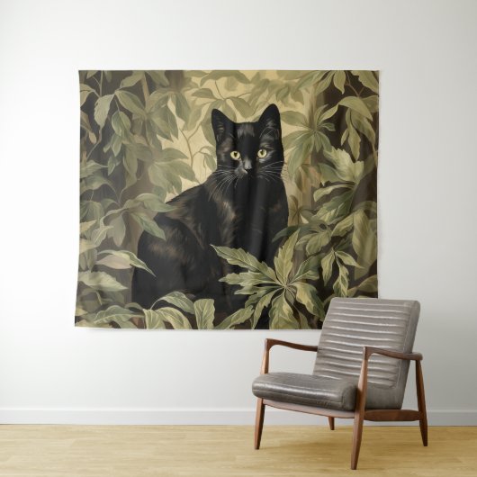 Schwarze Katze im dichten Wald Wandteppich (Beispiel (Horizontal))
