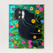 Schwarze Katze im farbenfrohen Blumengarten Puzzle (Vertikal)