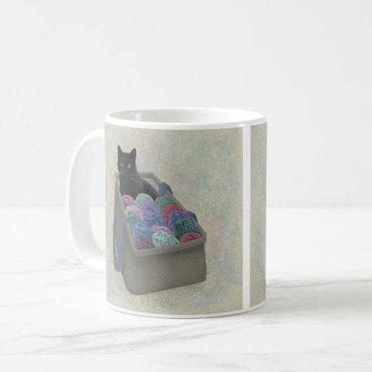 Schwarze Katze im Garnbeutel Kaffeetasse (Vorderseite Links)