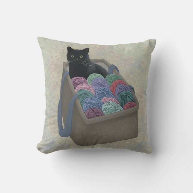 Schwarze Katze im Garnbeutel Kissen (Vorderseite)