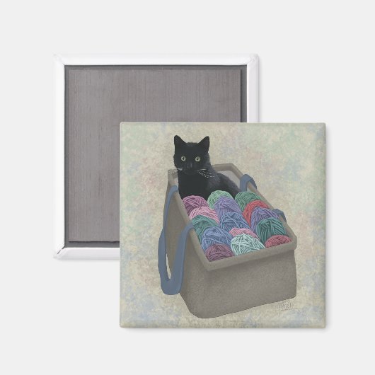 Schwarze Katze im Garnbeutel Magnet (Vorderseite/Rückseite)