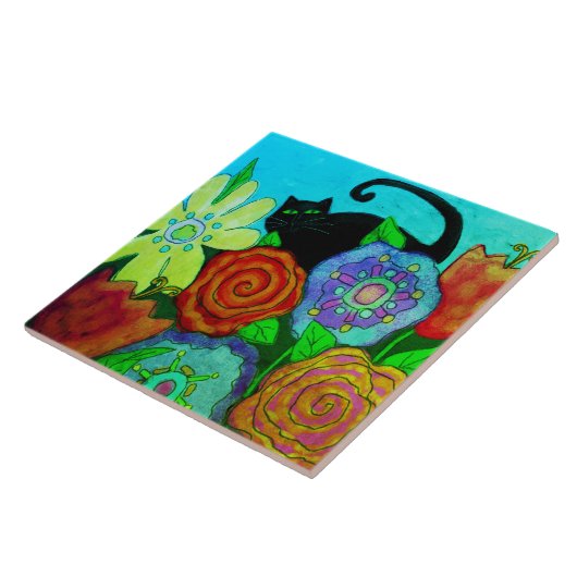 Schwarze Katze im Garten Abstrakte Malerei Fliese (Seite)