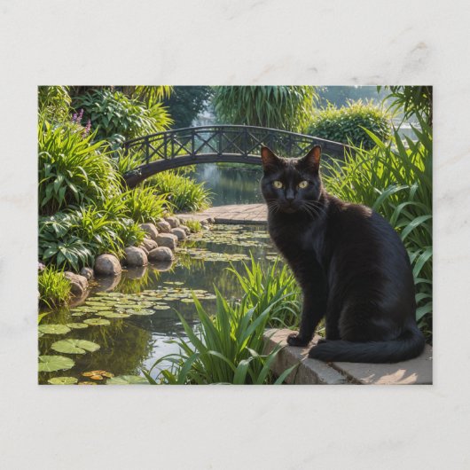 Schwarze Katze im Garten Postkarte (Vorderseite)