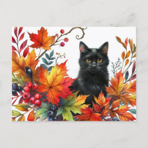 Schwarze Katze im Herbst Farbige Blätter Postkarte