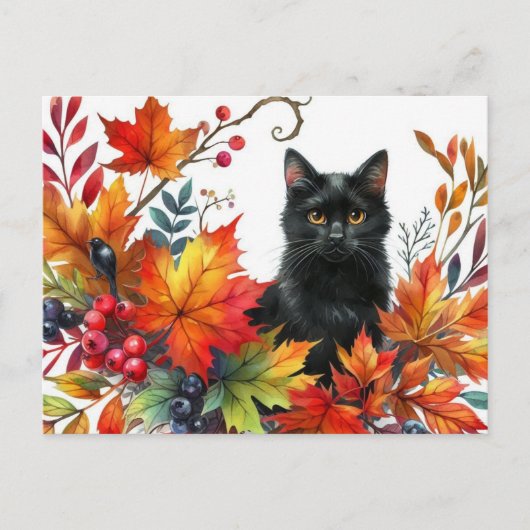 Schwarze Katze im Herbst Farbige Blätter Postkarte (Vorderseite)