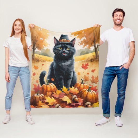 Schwarze Katze im Herbst hinterlässt Erntedank Kun Fleecedecke (Beispiel)