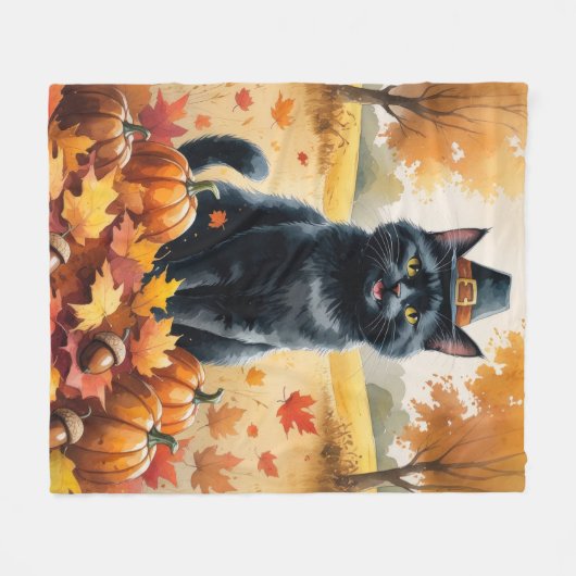 Schwarze Katze im Herbst hinterlässt Erntedank Kun Fleecedecke (Vorderseite (Horizontal))