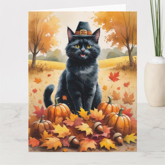 Schwarze Katze im Herbst hinterlässt Erntedank Kun Karte (Vorderseite)