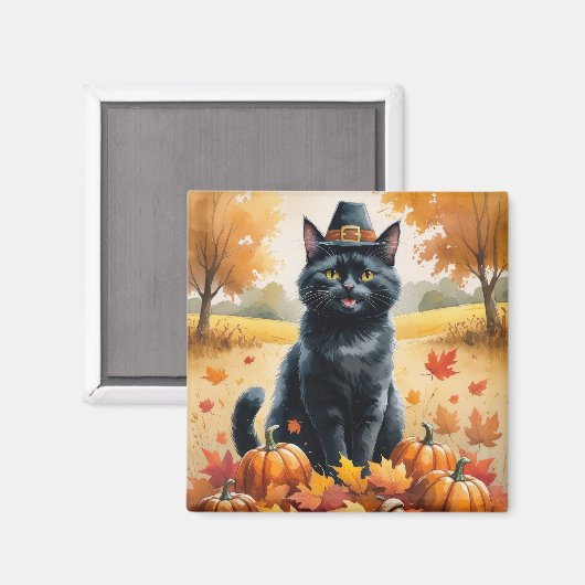 Schwarze Katze im Herbst hinterlässt Erntedank Kun Magnet (Vorderseite/Rückseite)