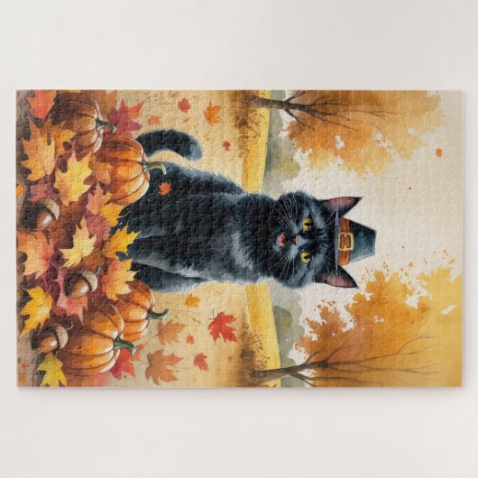 Schwarze Katze im Herbst hinterlässt Erntedank Kun Puzzle (Horizontal)