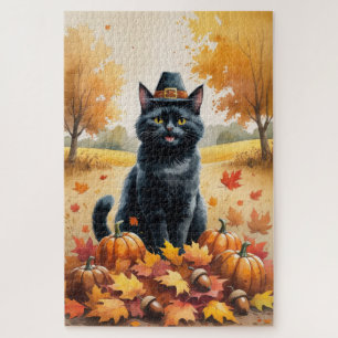 Schwarze Katze im Herbst hinterlässt Erntedank Kun Puzzle