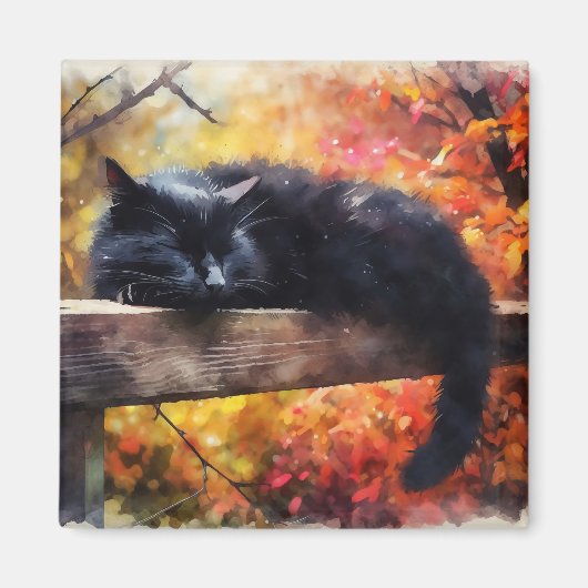 Schwarze Katze im Herbst schlafen Magnet (Vorne)