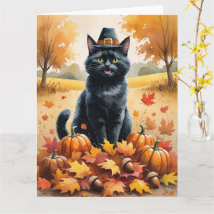 Schwarze Katze im Herbstlaub Erntedankfest Kunst Karte