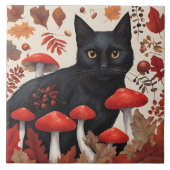 Schwarze Katze im Herbstwald Fliese (Vorderseite)