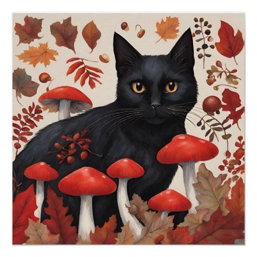 Schwarze Katze im Herbstwald Poster (Vorderseite)