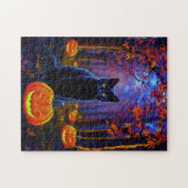 Schwarze Katze im Kürbiswald zu Halloween Puzzle (Horizontal)
