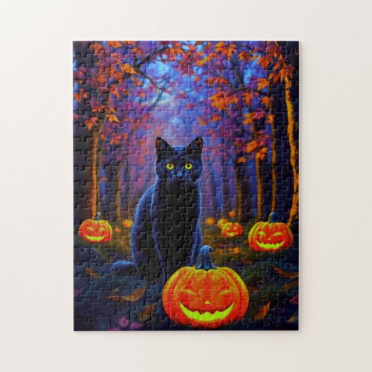 Schwarze Katze im Kürbiswald zu Halloween Puzzle (Vertikal)