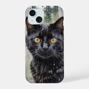 Schwarze Katze im Nassfenster iPhone 15 Hülle