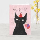 Schwarze Katze im Party hat eine lustige Geburtsta Karte (Gelbe Blume)
