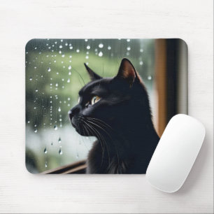 Schwarze Katze im Regenfenster Mousepad